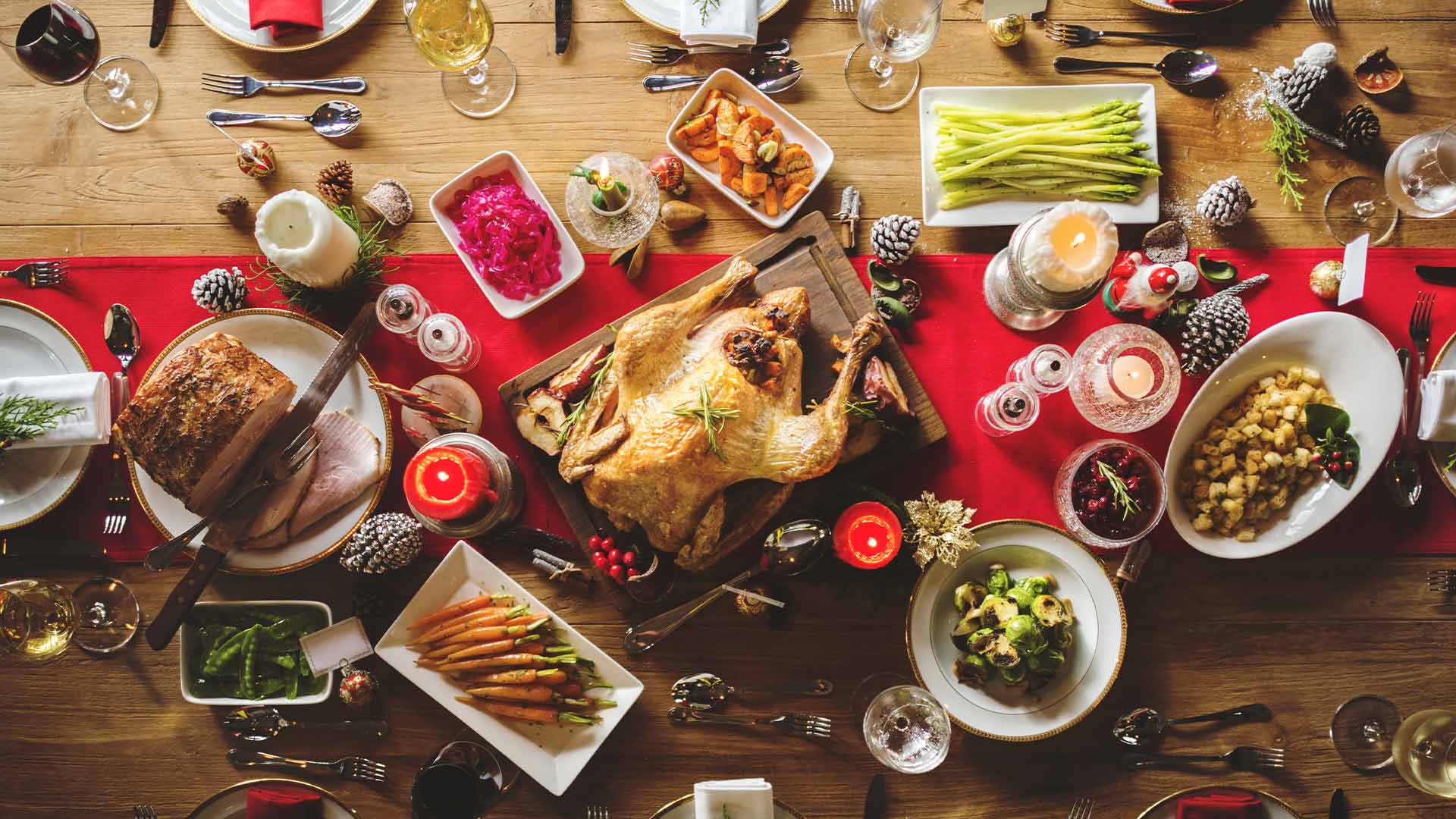 A Christmas feast with wine, roasted turkey and Sunday roast