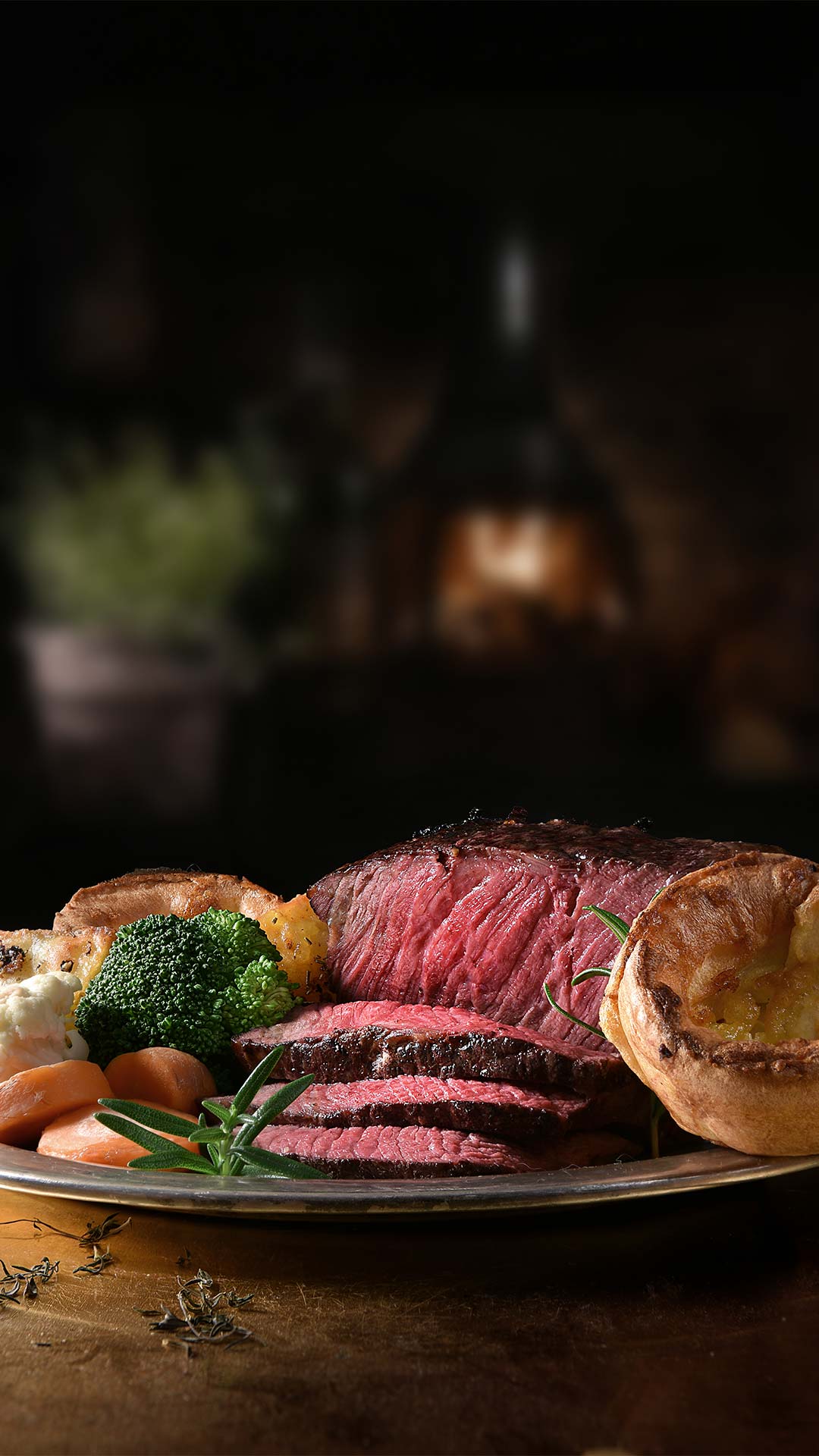 A Sunday roast spread with roasted beef at RISE Restaurant