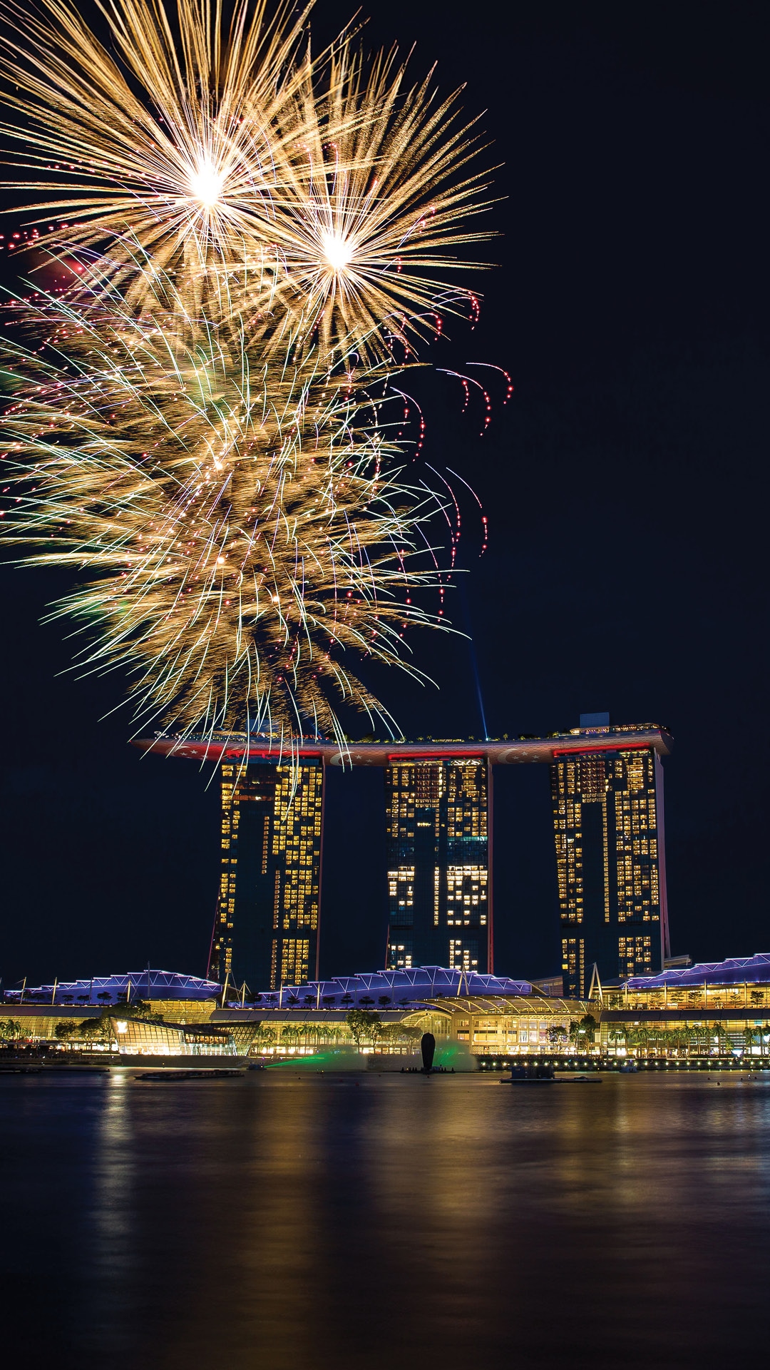 National Day fireworks in Singapore viewed from the rooftop of Marina Bay Sands