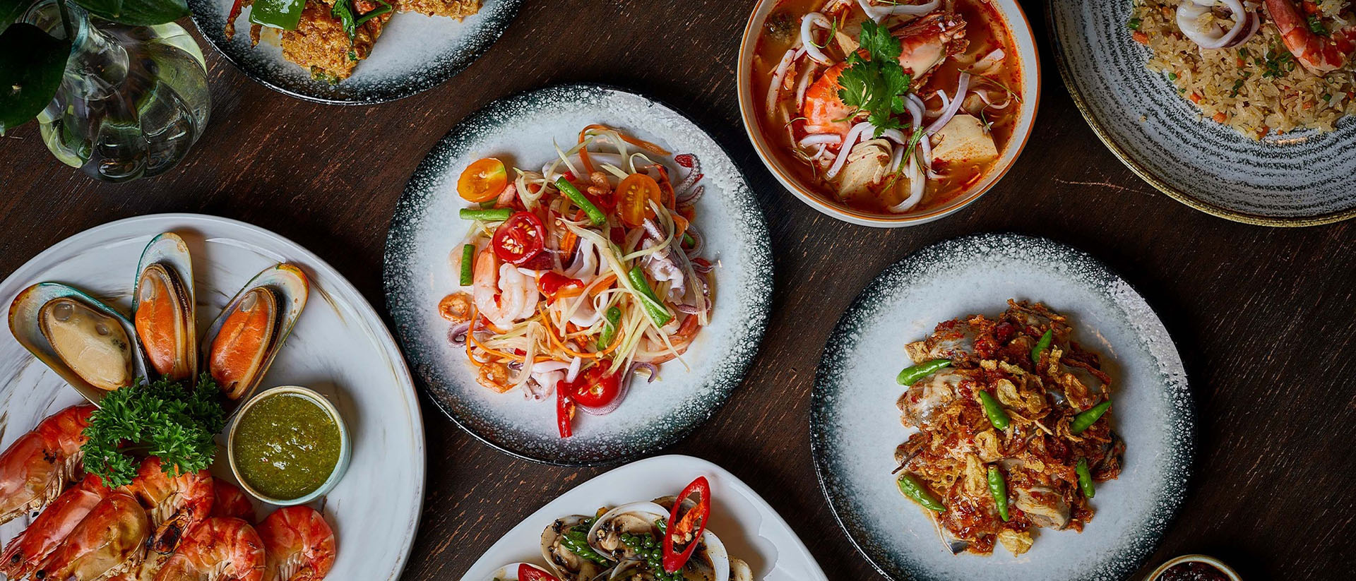 Assorted asian food with noodles, dumplings and rice