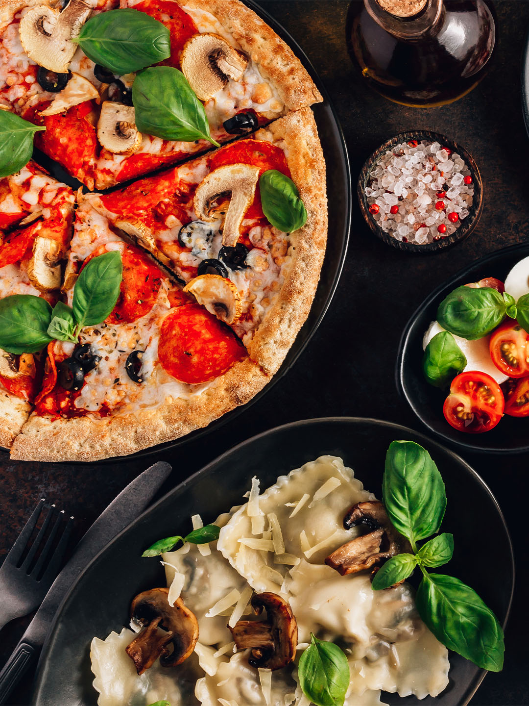 Pizza and ravioli, served at the best italian restaurants in Singapore