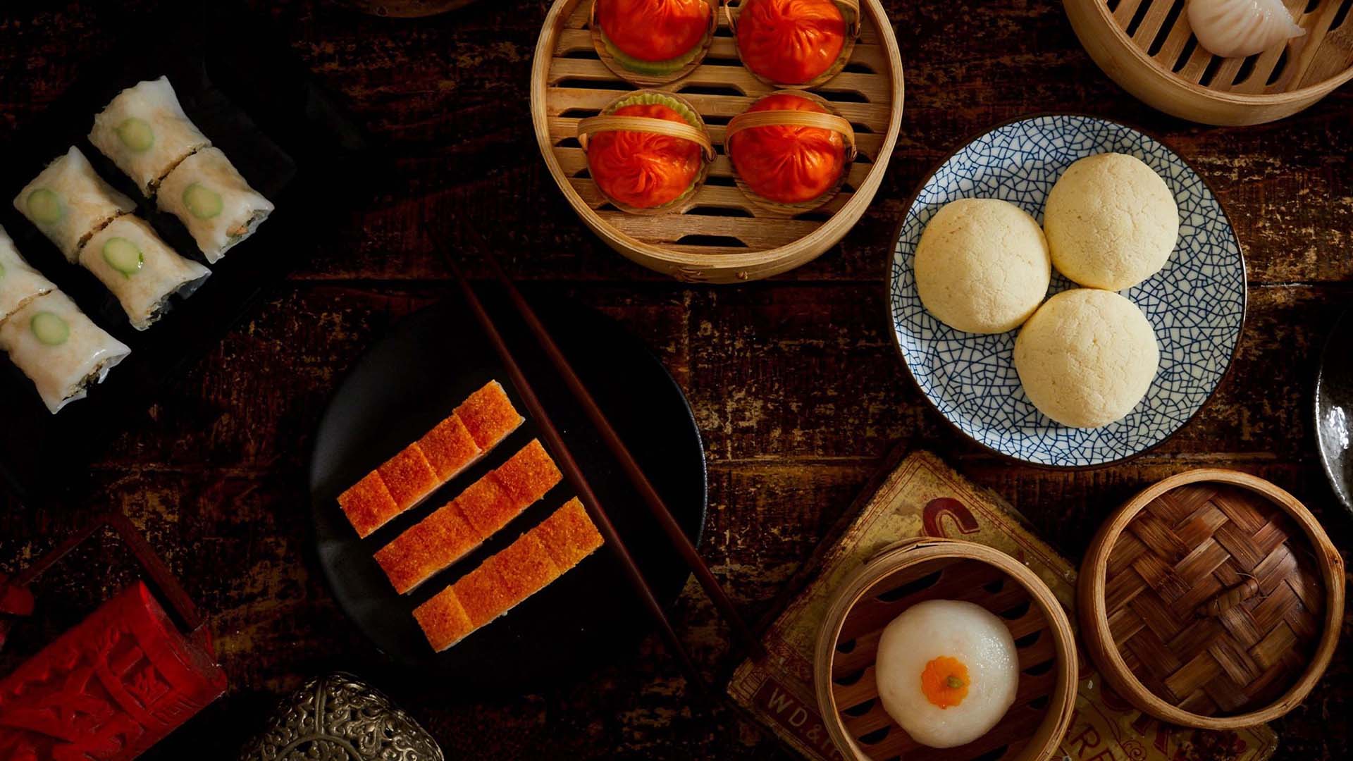 Top view of famous Chinese food and dim sum for 2024 Mid-Autumn Festival