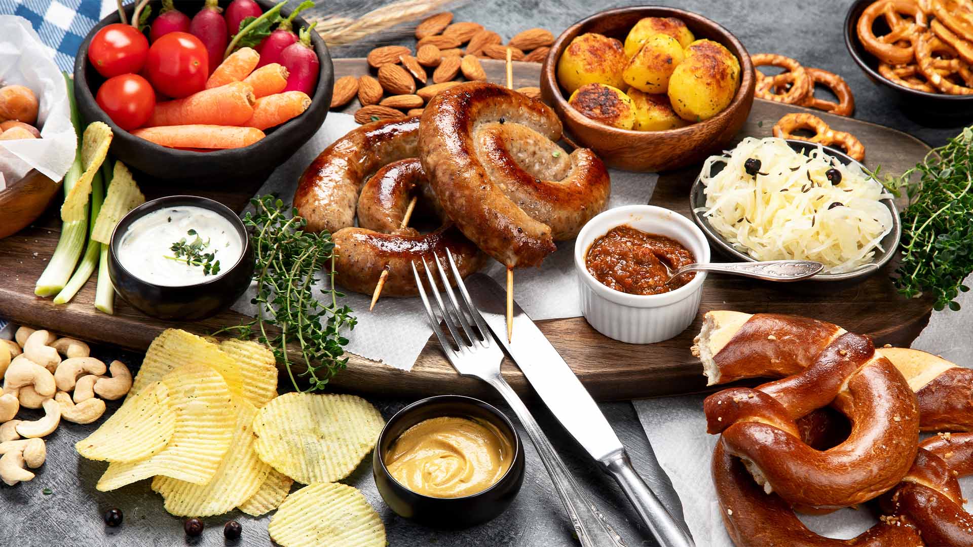 German sausages and beers served during Oktoberfest, a beer festival