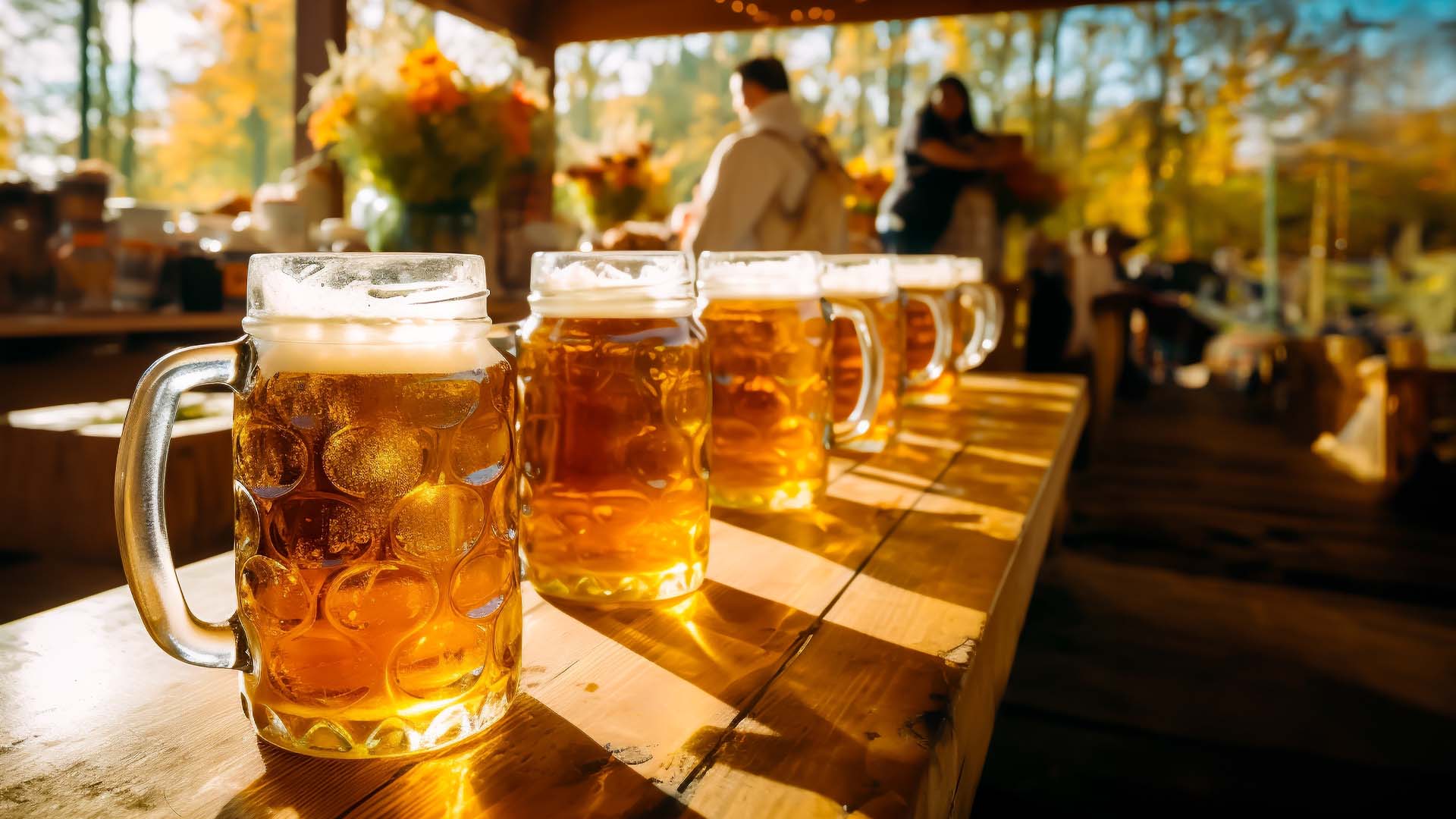 Mugs of German beers at Oktoberfest 2024 in Singapore