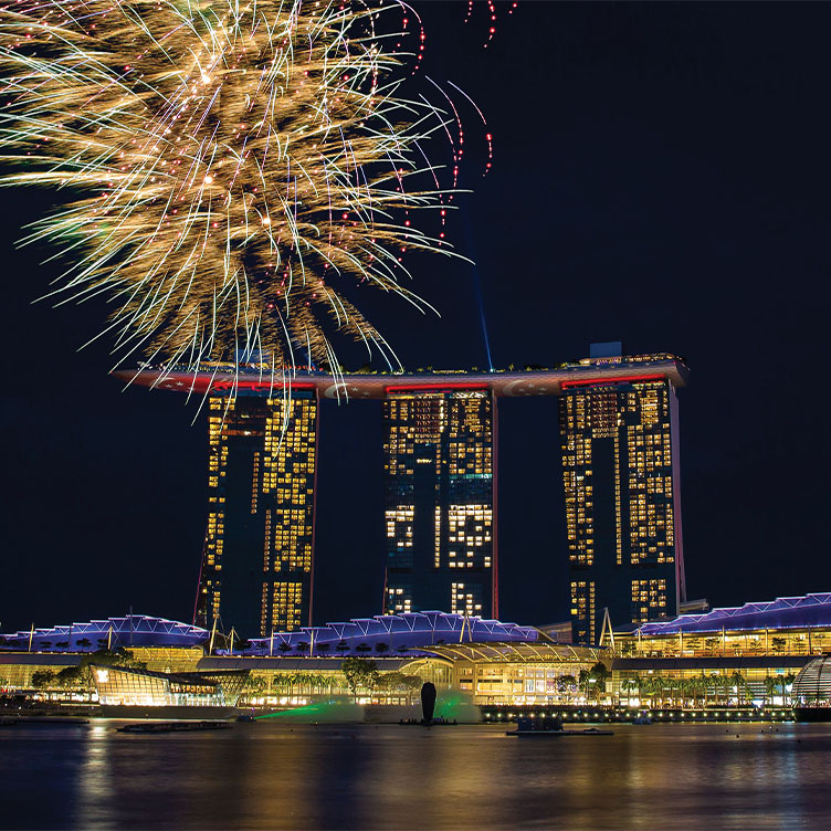 Singapore National Day fireworks, near Marina Bay Sands