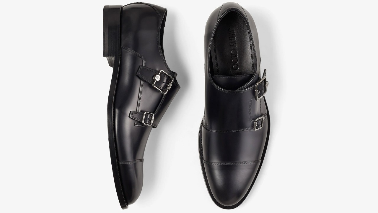 Top view of a pair of men's leather shoes in black from Jimmy Choo, a leading shoe brand
