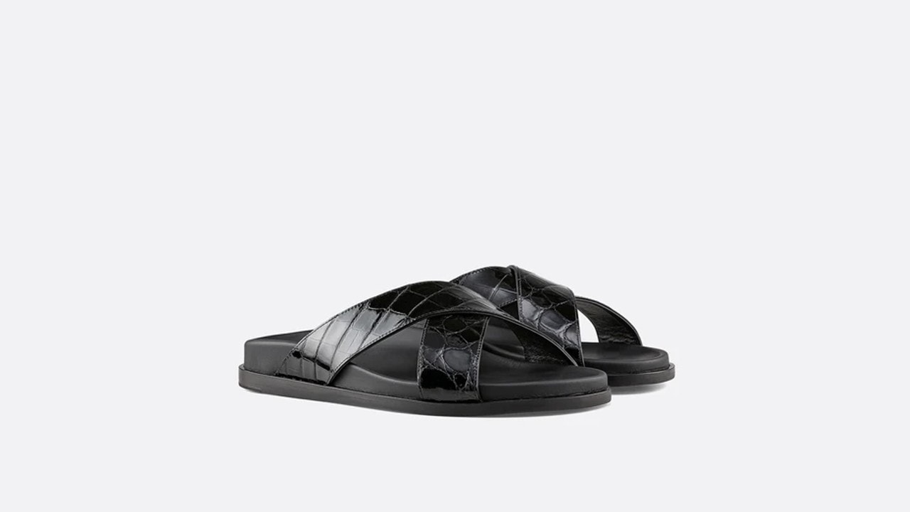 Luxury shoe brand, Kwanpen's Men's Sahara Sandal in black, strapped in soft crocodile leather