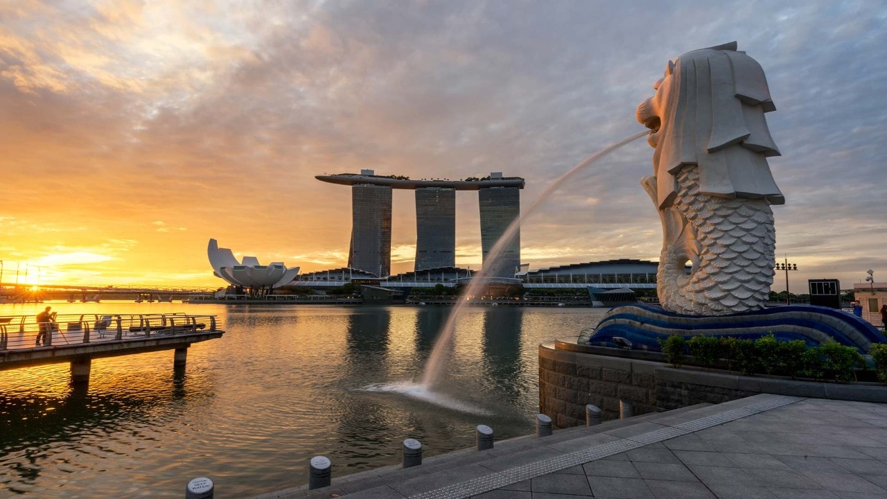 Evening view overlooking Marina Bay Sands at the Merlion Park in Singapore